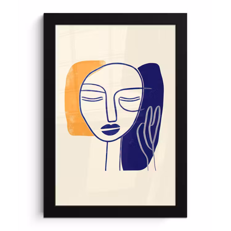 Minimalistisch - Gezicht - Hand - Oranje - Blauw fotolijst zwart zonder passe partout klein -3d