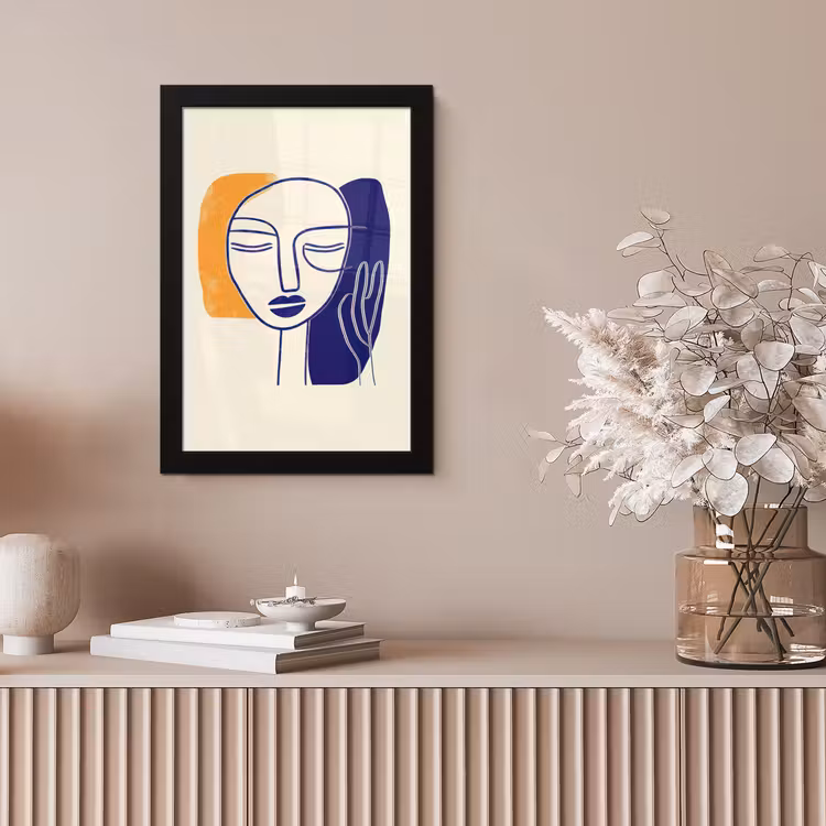 Minimalistisch - Gezicht - Hand - Oranje - Blauw fotolijst zwart zonder passe partout klein -sfeer5