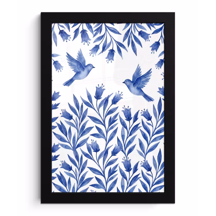 Modern - Vogels - Delfts - Blauw fotolijst zwart zonder passe partout klein -3d