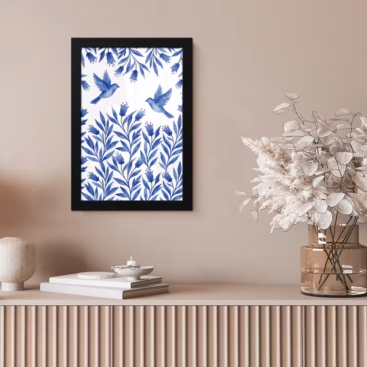 Modern - Vogels - Delfts - Blauw fotolijst zwart zonder passe partout klein -sfeer5