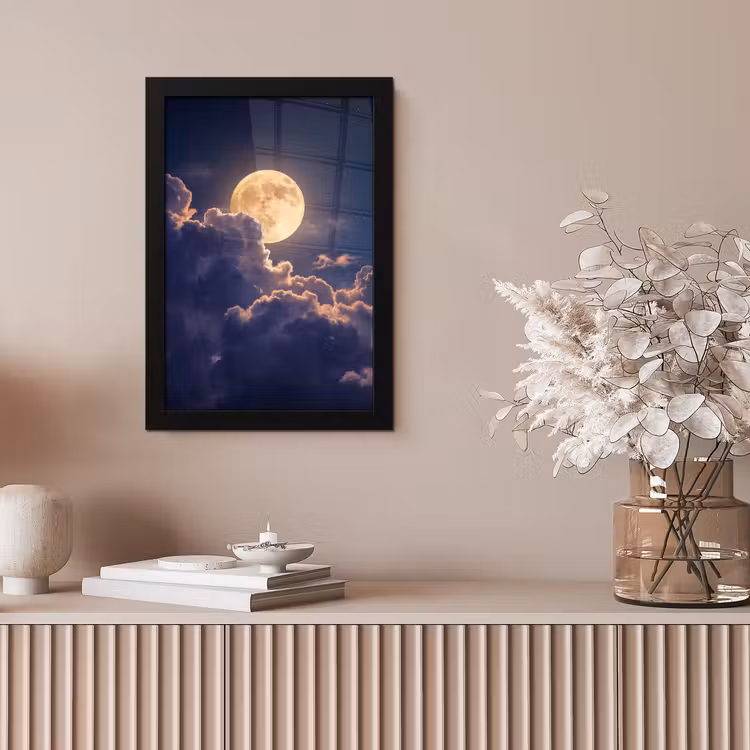Maan - Wolken - Nacht - Oranje fotolijst zwart zonder passe partout klein -sfeer5