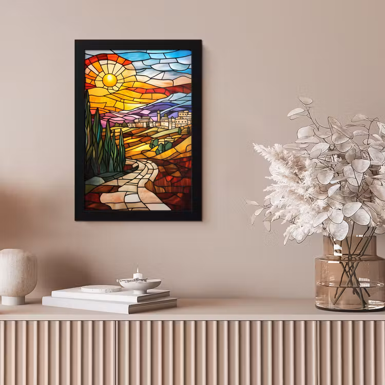 Mozaïek - Zon - Landschap - Dorp fotolijst zwart zonder passe partout klein -sfeer5