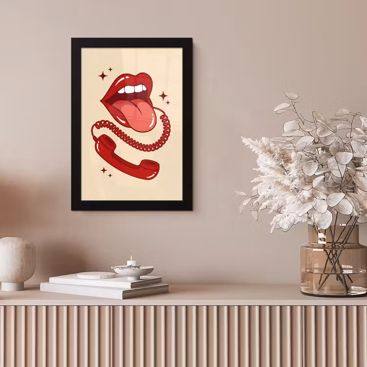 Mond - Telefoon - Popart - Rood - Illustratie fotolijst zwart zonder passe partout klein -sfeer5