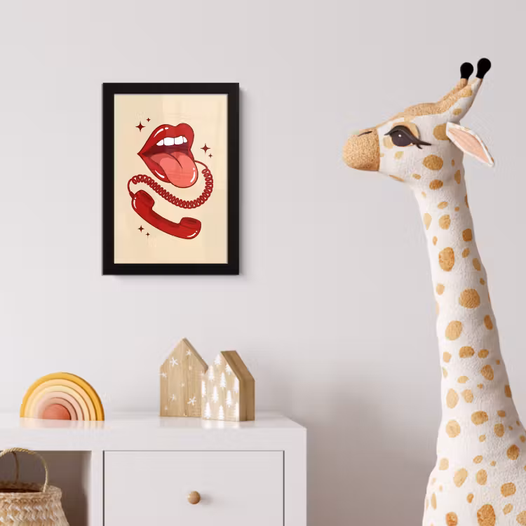 Mond - Telefoon - Popart - Rood - Illustratie fotolijst zwart zonder passe partout klein -usfeer4_kinderkamer