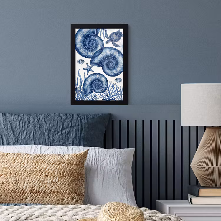 Schelp - Spiraal - Zeeleven - Aquarel - Blauw fotolijst zwart zonder passe partout klein -sfeer3