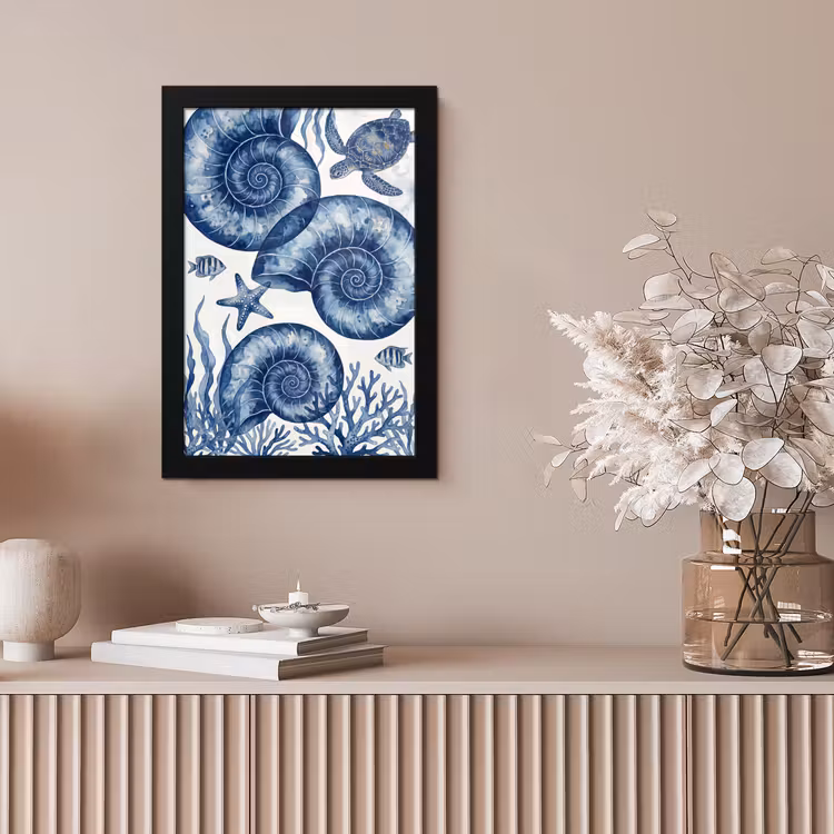 Schelp - Spiraal - Zeeleven - Aquarel - Blauw fotolijst zwart zonder passe partout klein -sfeer5