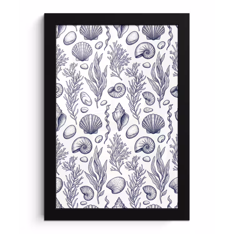 Schelpen - Zeewier - Oceaan - Illustratie - Blauw fotolijst zwart zonder passe partout klein -3d