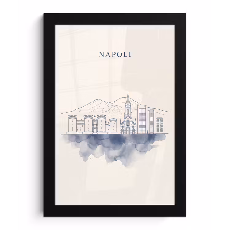 Napels - Skyline - Italie - Lijntekening - Aquarel fotolijst zwart zonder passe partout klein -3d