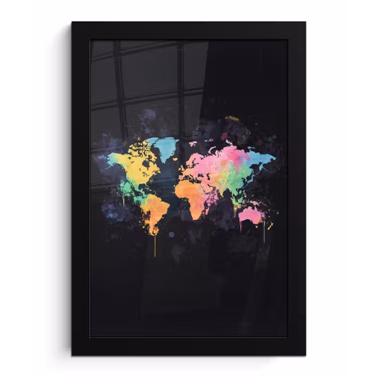 Neon - Pastel - Wereldkaart - Mistig fotolijst zwart zonder passe partout klein -3d