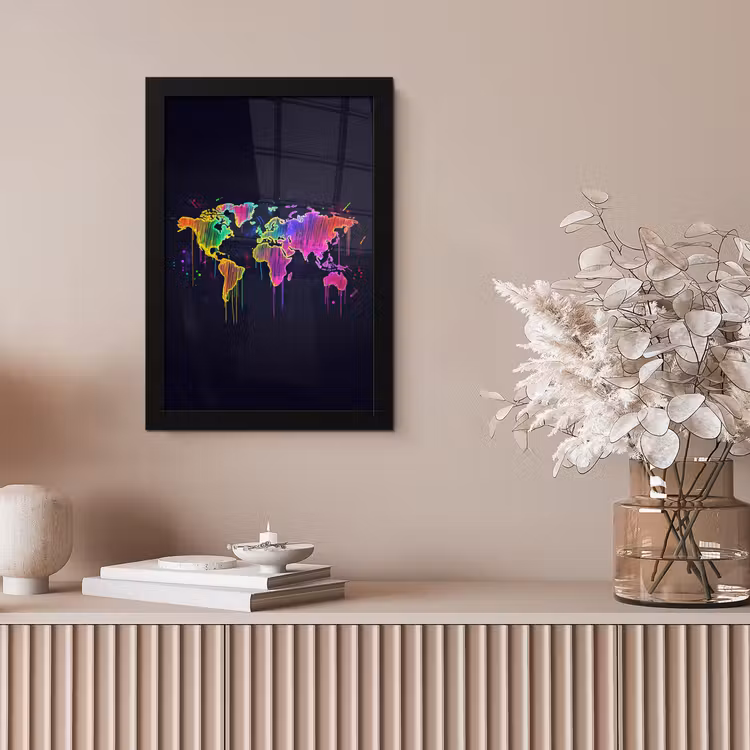 Neon - Wereldkaart - Kleur - Drip fotolijst zwart zonder passe partout klein -sfeer5