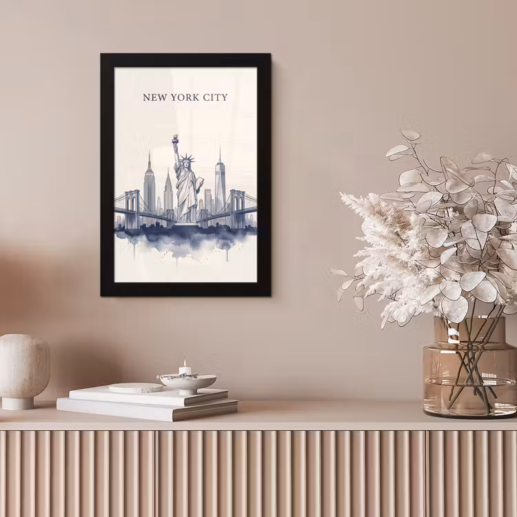 New York - Vrijheidsbeeld - Skyline - Illustratie - Blauw fotolijst zwart zonder passe partout klein -sfeer5