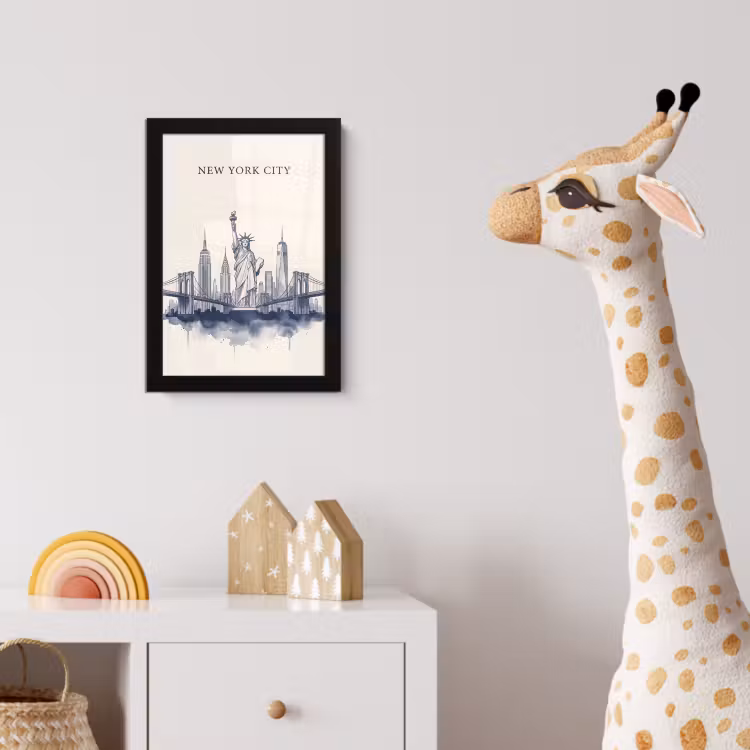 New York - Vrijheidsbeeld - Skyline - Illustratie - Blauw fotolijst zwart zonder passe partout klein -usfeer4_kinderkamer