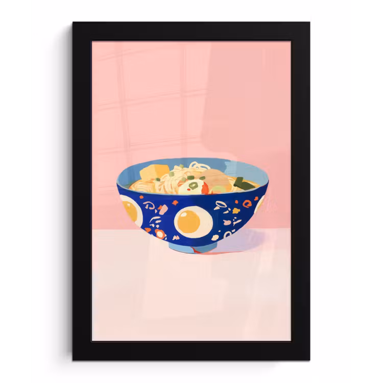 Noodles - Kom - Blauw - Illustratie fotolijst zwart zonder passe partout klein -3d