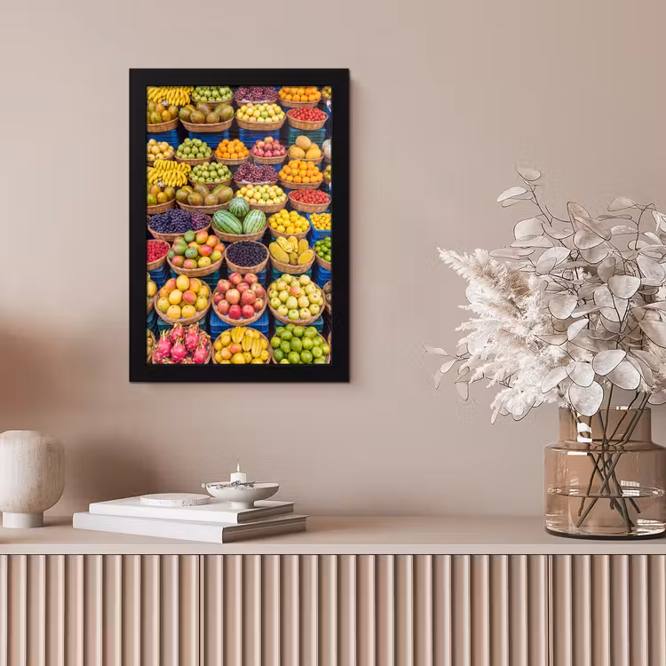 Bilder mit Rahmen - Obst – Markt – Bunt - Fruit - Markt - Kleurrijk fotolijst zwart zonder passe partout klein