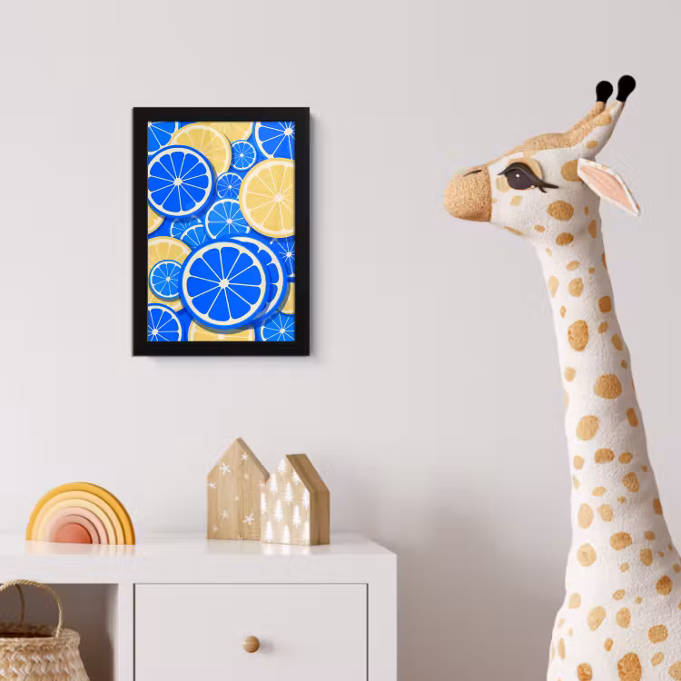 Fruit - Schijven - Patroon - Modern - Blauw - Geel fotolijst zwart zonder passe partout klein -usfeer4_kinderkamer