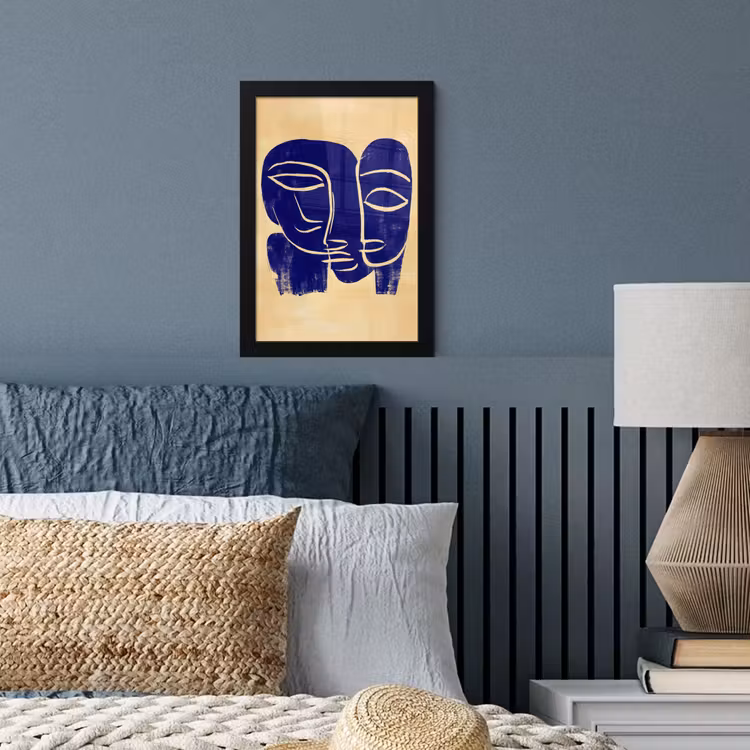 Okergeel - Blauw - Eenvoudige lijnen fotolijst zwart zonder passe partout klein -sfeer3