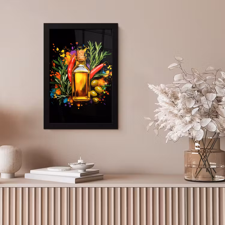 Olijfolie - Graffiti - Peper - Olijven - Modern fotolijst zwart zonder passe partout klein -sfeer5