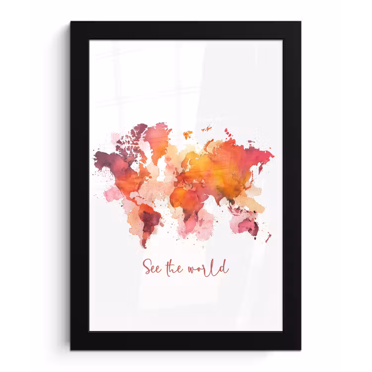 Oranje - Aquarel - Quote - Wereldkaart fotolijst zwart zonder passe partout klein -3d