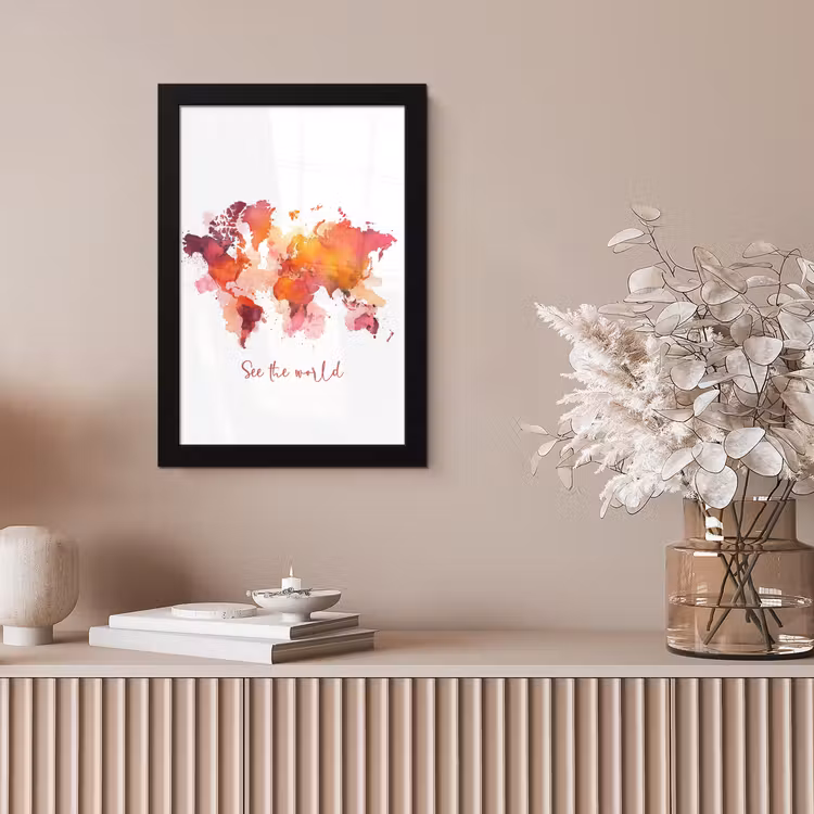 Oranje - Aquarel - Quote - Wereldkaart fotolijst zwart zonder passe partout klein -sfeer5