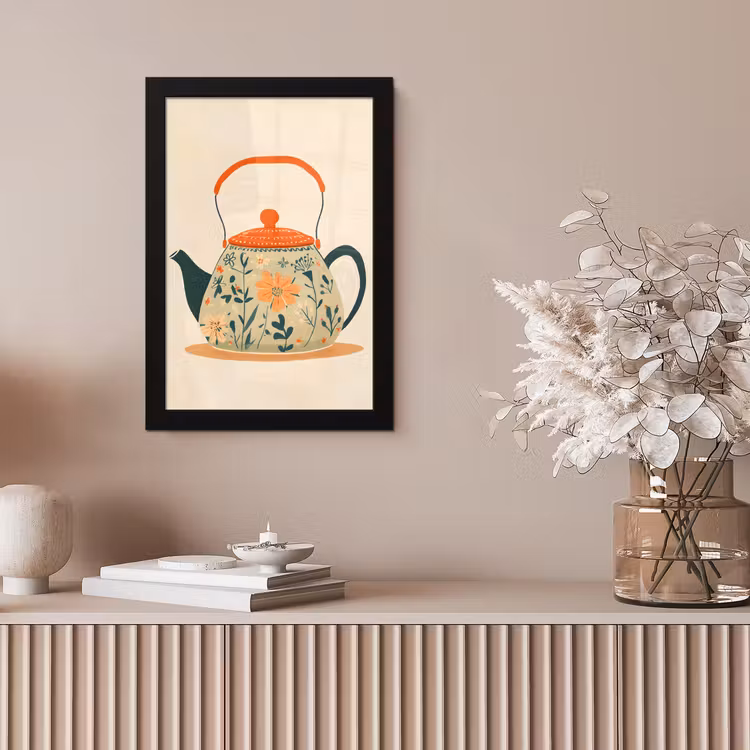 Oranje - Theepot - Bloemen - Bladeren fotolijst zwart zonder passe partout klein -sfeer5