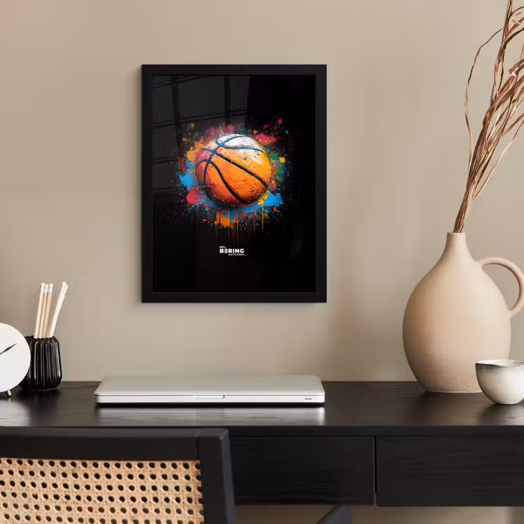 Oranje basketbal te midden van verfspetters fotolijst zwart zonder passe partout klein -sfeer1