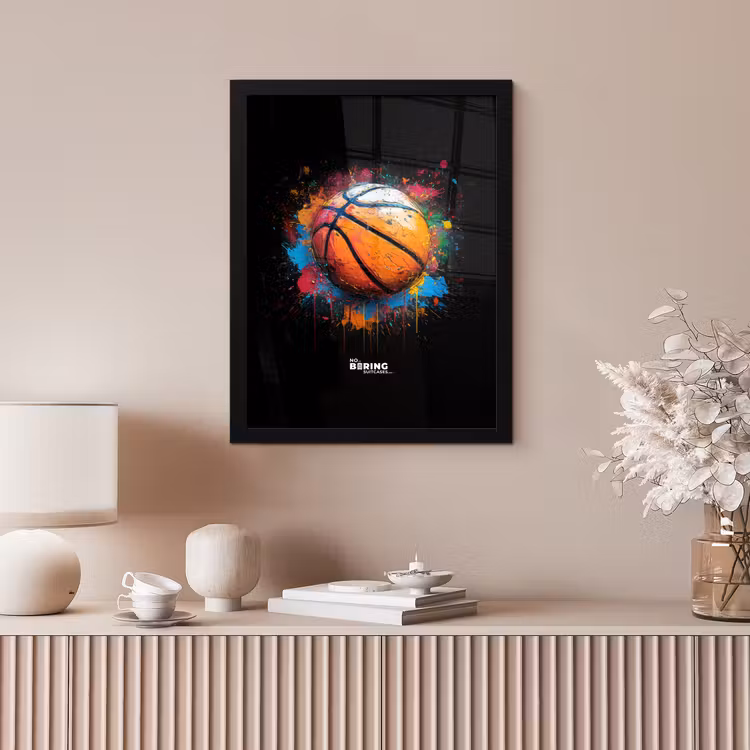 Oranje basketbal te midden van verfspetters fotolijst zwart zonder passe partout klein -sfeer5