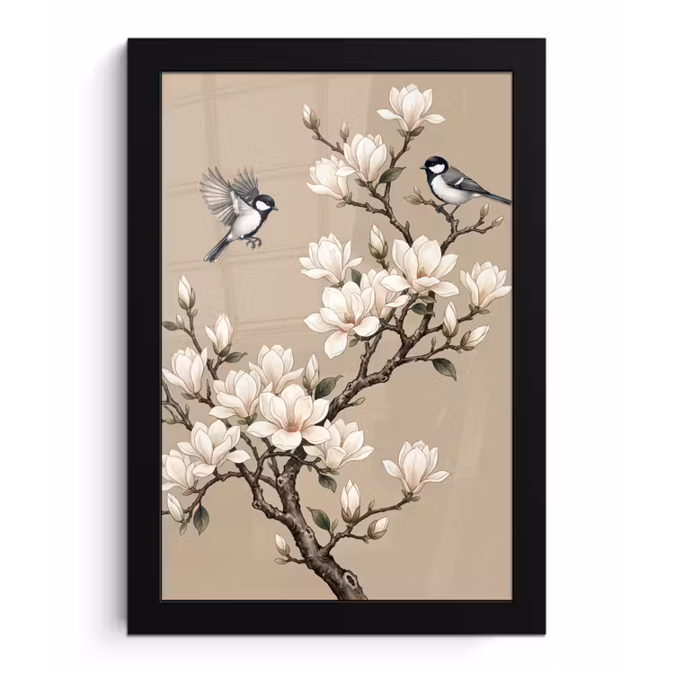 Oosters - Vogels - Beige fotolijst zwart zonder passe partout klein -3d