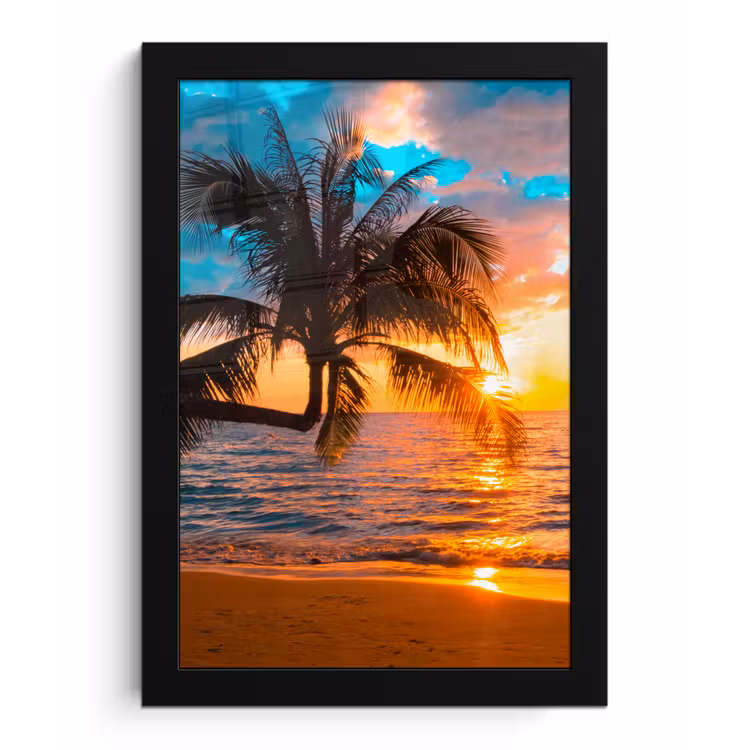 Palm - Zonsondergang - Horizon - Strand - Zee - Tropisch fotolijst zwart zonder passe partout klein -3d
