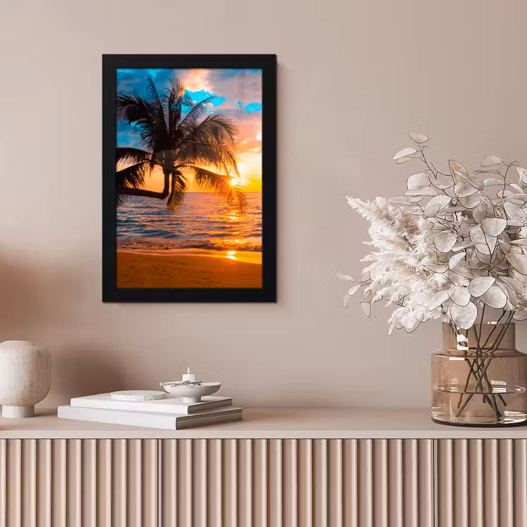 Palm - Zonsondergang - Horizon - Strand - Zee - Tropisch fotolijst zwart zonder passe partout klein -sfeer5