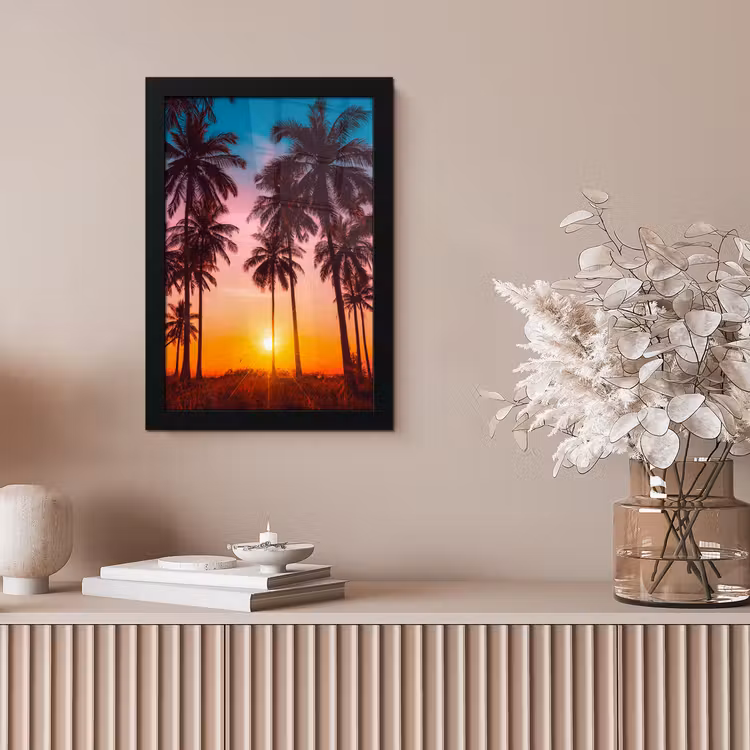 Palmboom - Zonsondergang - Horizon - Strand - Oranje - Roze fotolijst zwart zonder passe partout klein -sfeer5