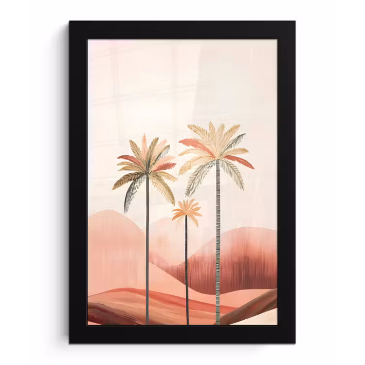 Palmbomen - Heuvels - Minimalistisch - Zachtroze fotolijst zwart zonder passe partout klein -3d