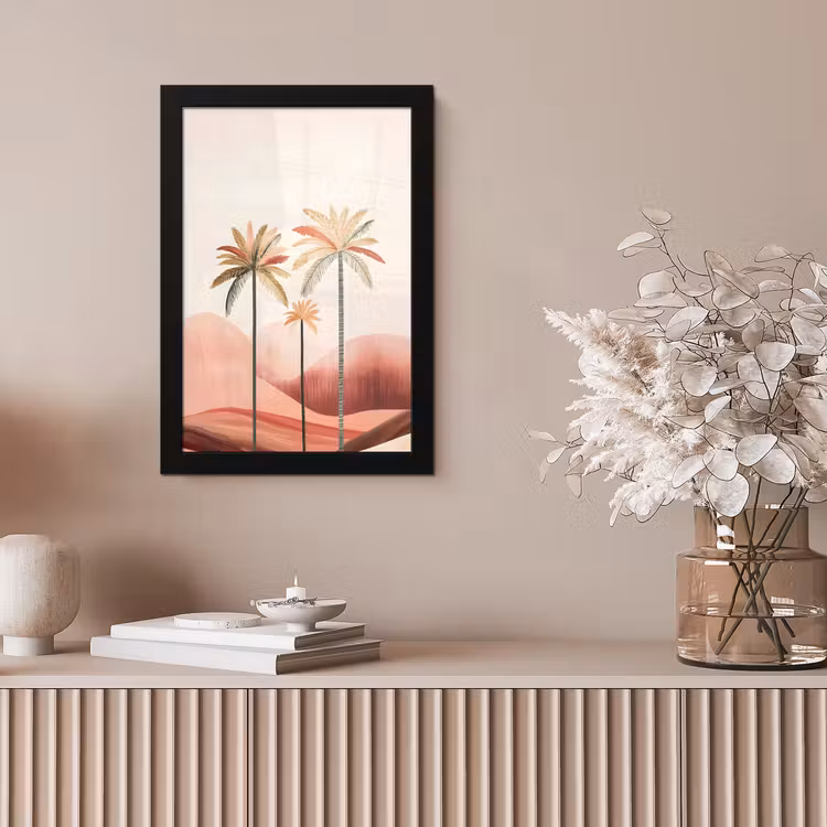 Palmbomen - Heuvels - Minimalistisch - Zachtroze fotolijst zwart zonder passe partout klein -sfeer5