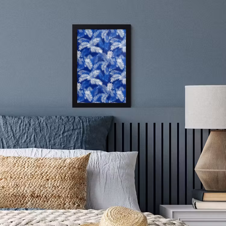 Palmblad - Patroon - Blauw fotolijst zwart zonder passe partout klein 224 -sfeer3