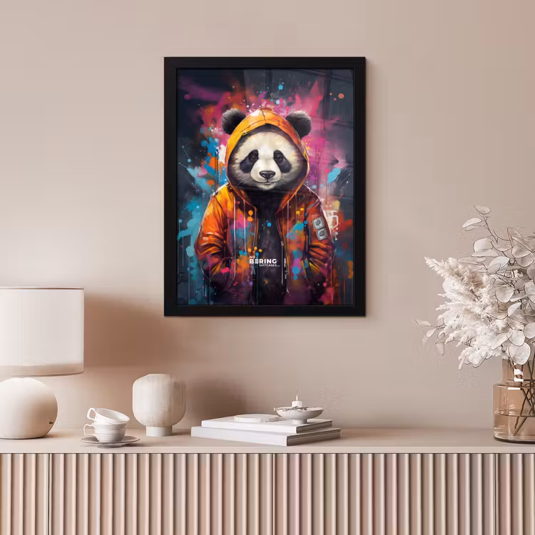 Panda met oranje jas en verfspetters fotolijst zwart zonder passe partout klein -sfeer5