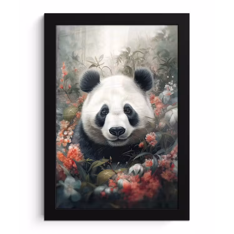 Panda - Wilde dieren - Bloemen - Natuur fotolijst zwart zonder passe partout klein -3d
