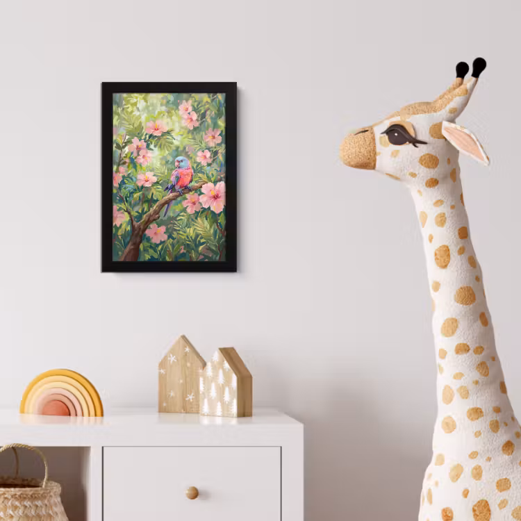 Papagaai - Hibiscusbloemen - Kleurrijk fotolijst zwart zonder passe partout klein -usfeer4_kinderkamer