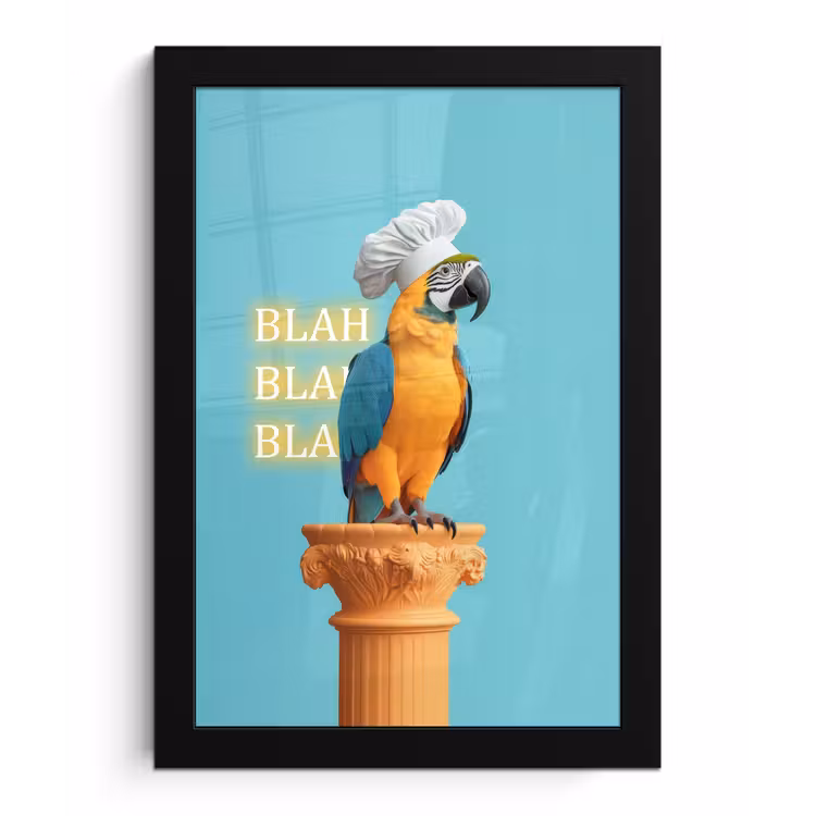 Papegaai - Koksmuts - Quote - Neon fotolijst zwart zonder passe partout klein -3d