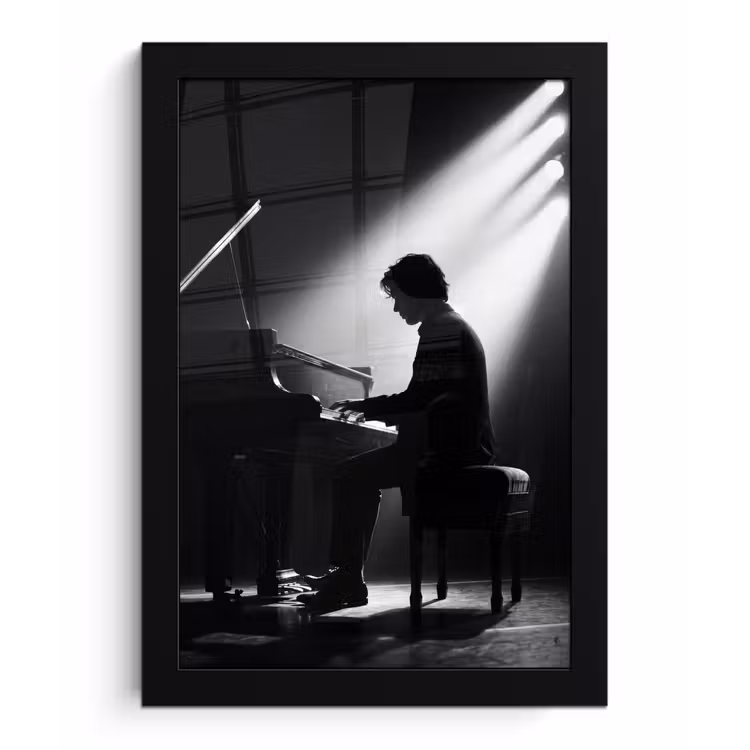 Persoon - Piano - Muziek - Zwart-wit - Podium fotolijst zwart zonder passe partout klein -3d