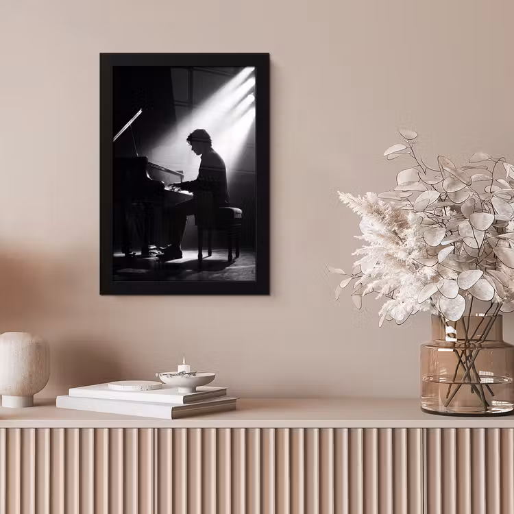 Persoon - Piano - Muziek - Zwart-wit - Podium fotolijst zwart zonder passe partout klein -sfeer5