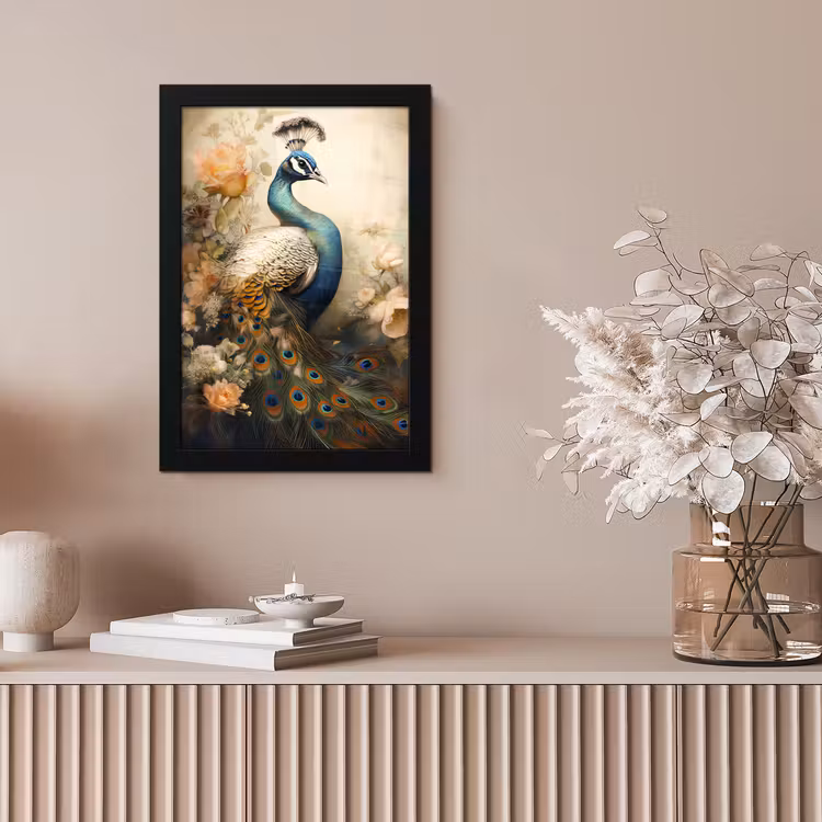 Pauw - Pauwenveren - Bloemen - Vogels - Botanisch fotolijst zwart zonder passe partout klein -sfeer5