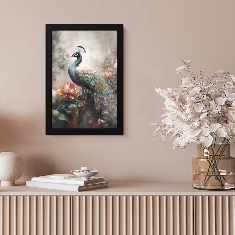 Pauw - Pauwenveren - Vogel - Jungle - Bloemen fotolijst zwart zonder passe partout klein -sfeer5