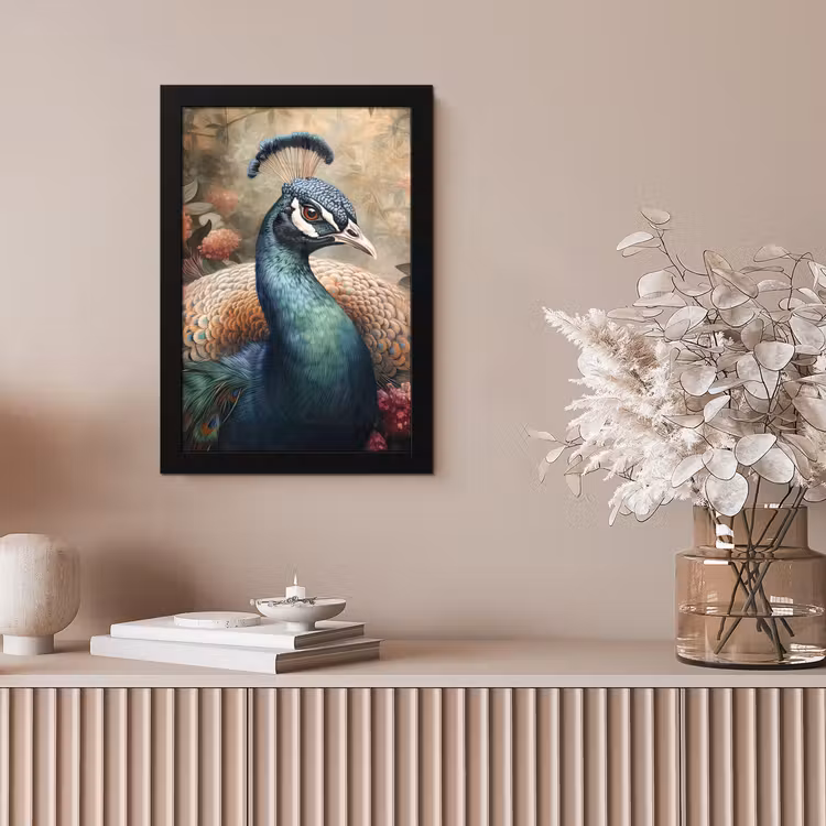 Pauw - Vogel - Bloemen - Planten - Pauwenveren fotolijst zwart zonder passe partout klein -sfeer5