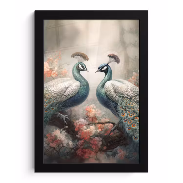 Pauwen - Pauwenveren - Vogels - Bloemen - Natuur fotolijst zwart zonder passe partout klein -3d