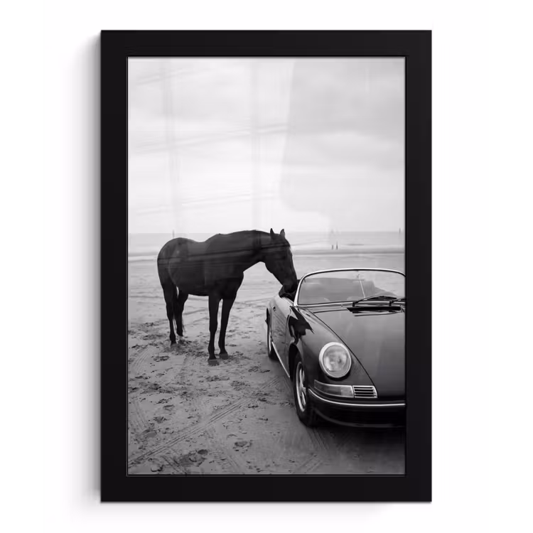 Paard - Auto - Zwart - Wit fotolijst zwart zonder passe partout klein -3d