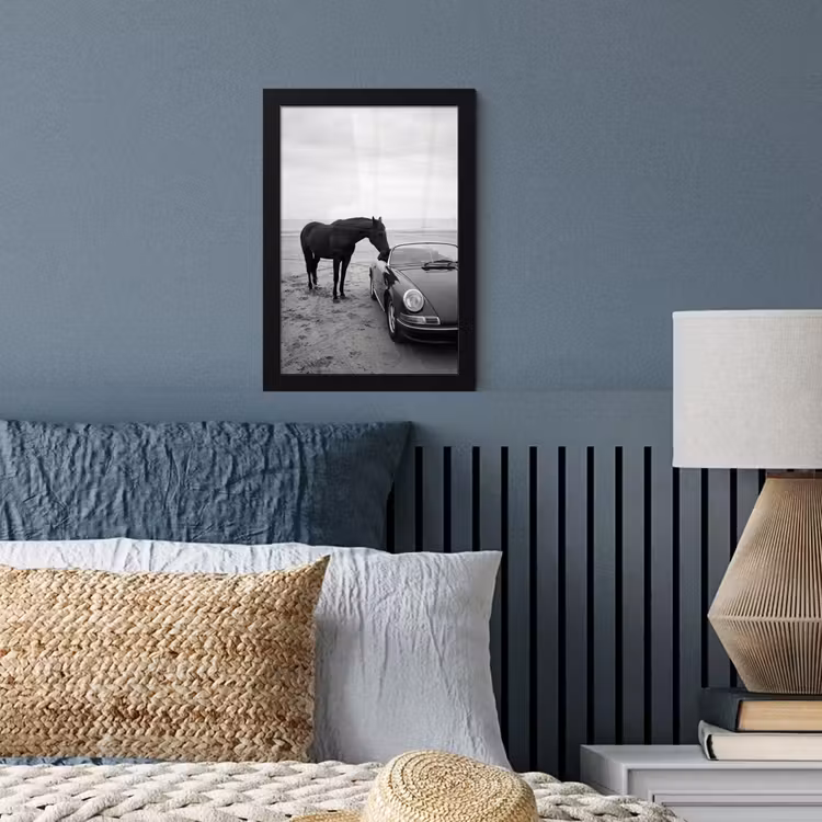 Paard - Auto - Zwart - Wit fotolijst zwart zonder passe partout klein -sfeer3