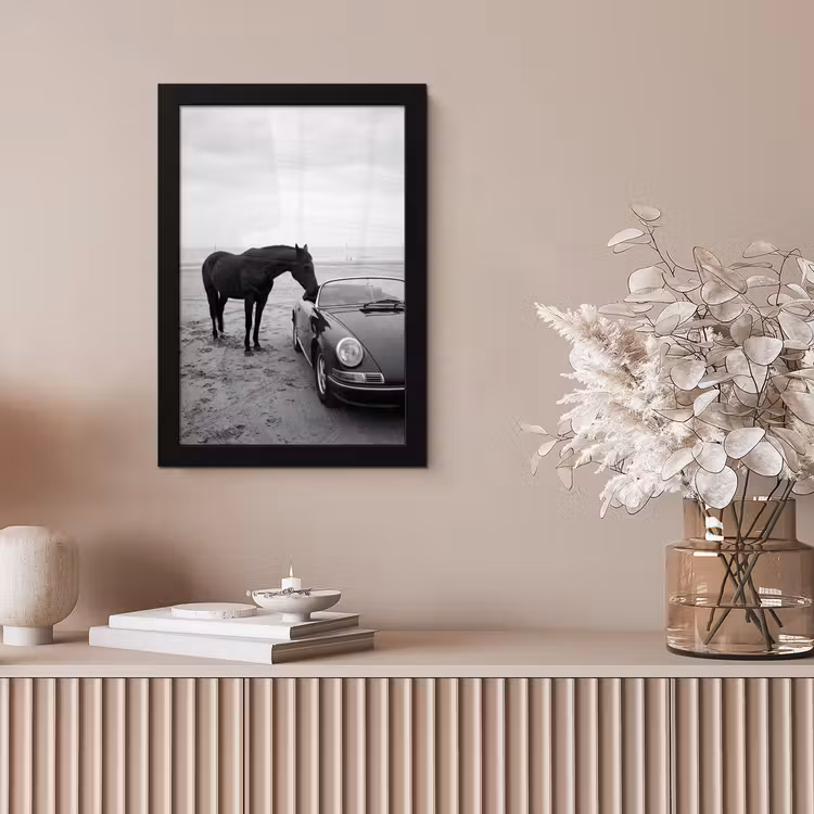 Paard - Auto - Zwart - Wit fotolijst zwart zonder passe partout klein -sfeer5