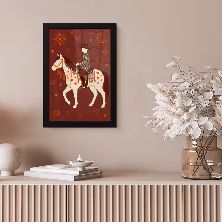 Paard - Ruiter - Sterren - Nacht - Illustratie fotolijst zwart zonder passe partout klein -sfeer5