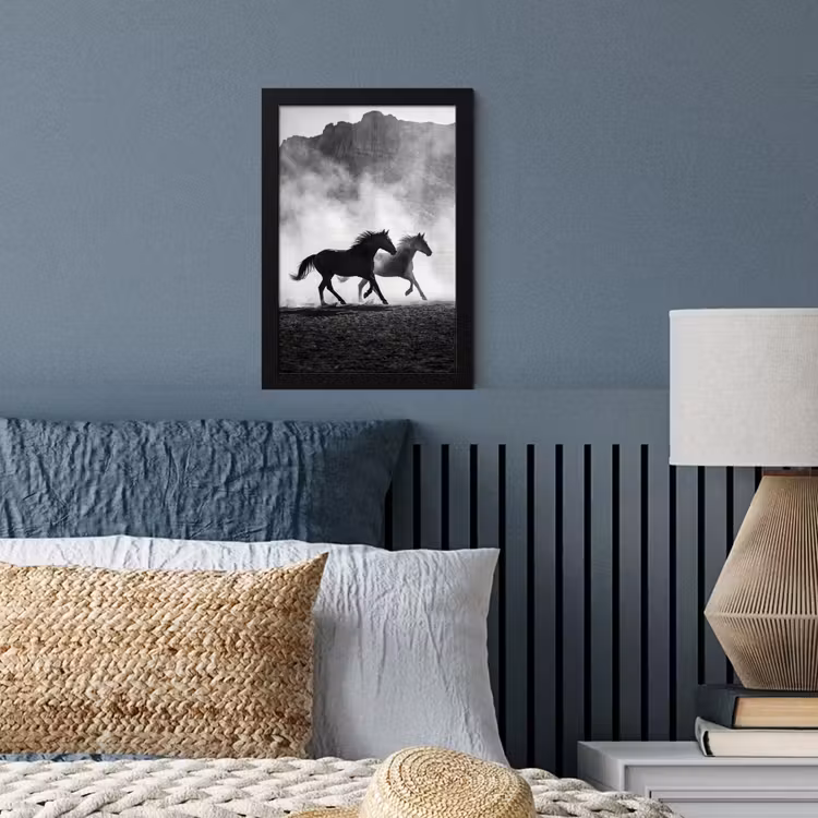 Paard - Ren - Stof - Zwart-wit - Dieren fotolijst zwart zonder passe partout klein -sfeer3