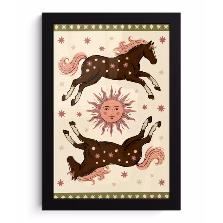 Paard - Zon - Mystiek - Illustratie - Roze fotolijst zwart zonder passe partout klein -3d
