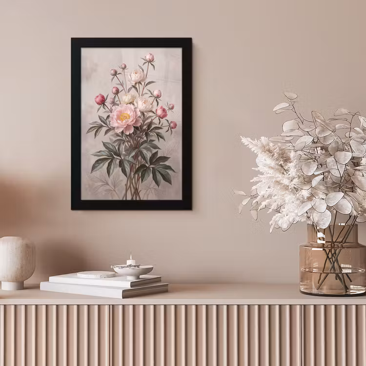 Pioenrozen - Boeket - Roze fotolijst zwart zonder passe partout klein -sfeer5